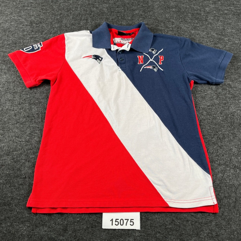 NFL Team Apparel Patriots Polo Mens L Red Blue Excellent Colorblock Embroidered